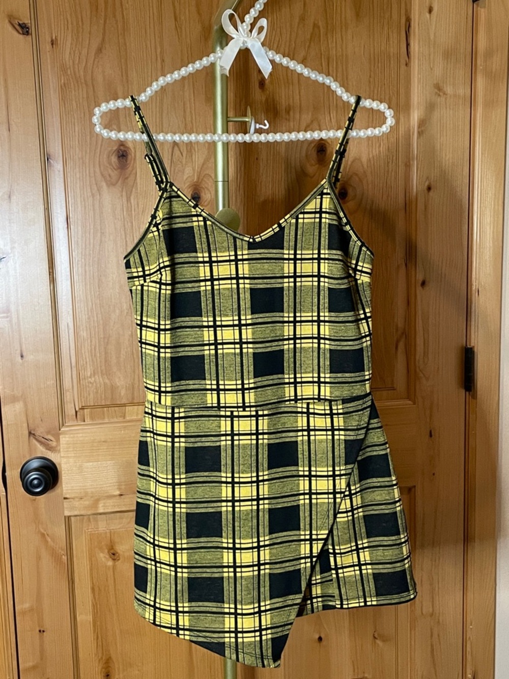Popular Basics Yellow & Black Plaid Spaghetti Strap Dress Skort Size M